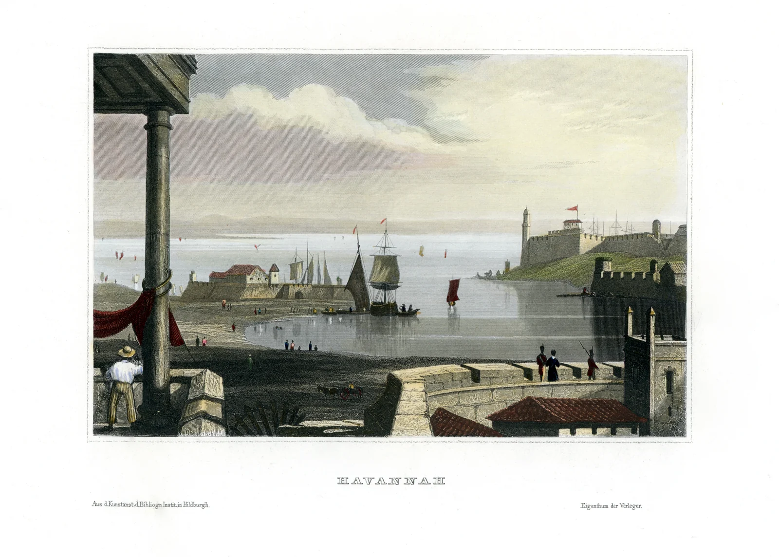 Entrance to Havana harbour with sailing boats and Morro Castle on the right, in a hand-coloured engraving from 1841.